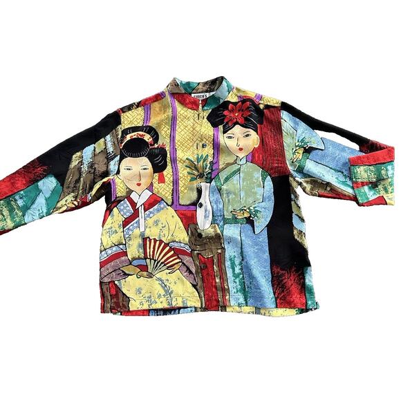 Chico's Silk Blouse Button Up Art To Wear Geisha Whimsical sz 0‎ XS/S - Picture 1 of 7